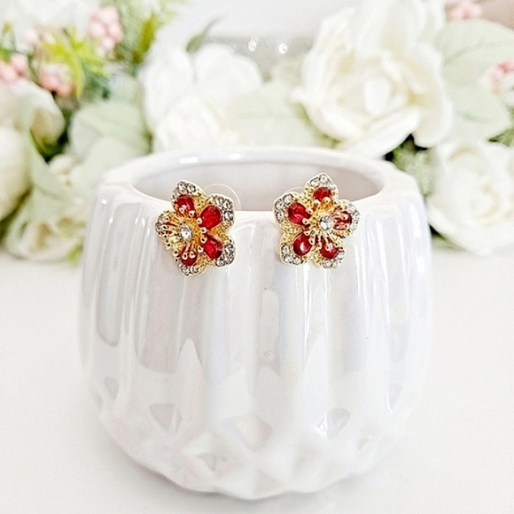 💖  2/$30 Womens boho Floral Rhinestone red gold elegant Stud cocktail Earrings - Picture 1 of 15